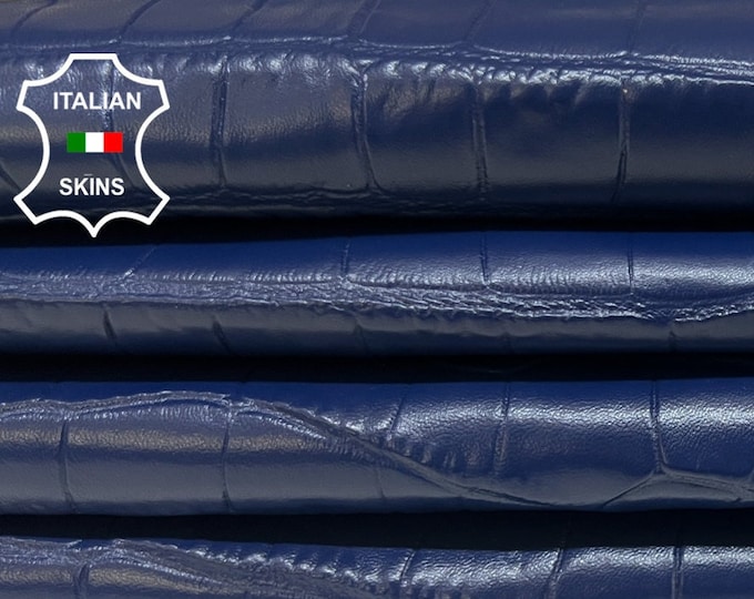 BLUE NAVY CROCODILE Textured Embossed On Italian Lambskin Lamb Sheep Leather pack 2 hides skins total 12+sqf 0.8mm #B4372