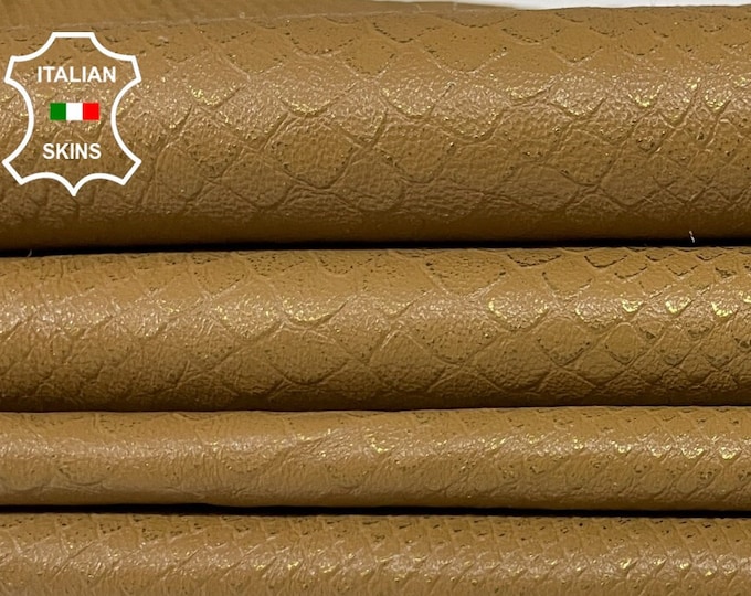 CAMEL BROWN SNAKE embossed textured gold pearlized on thin soft Italian Lambskin Lamb Sheep leather skin skins hide hides 9+sqf 0.5mm #A8802
