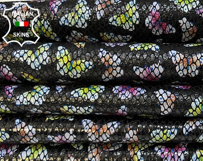 MULTICOLOR BUTTERFLIES & SNAKE Shiny Print On Black Thick Soft Italian Goatskin Goat Leather pack 2 hides skins total 7+sqf 1.1mm #B9163