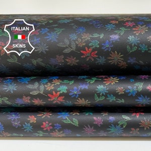 MULTICOLORS FLOWERS PRINT On Black Italian Lambskin Lamb Sheep Leather hide hides skin skins 7+sqf 1.0mm #B5785