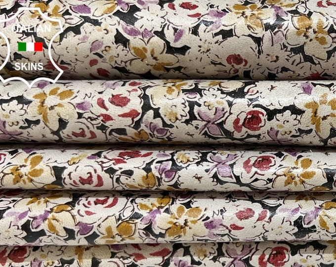 PURPLE & MUSTARD FLOWERS Print On Gray Italian Lambskin Lamb Sheep Leather pack 2 hides skins total 11sqf 0.7mm #B6693