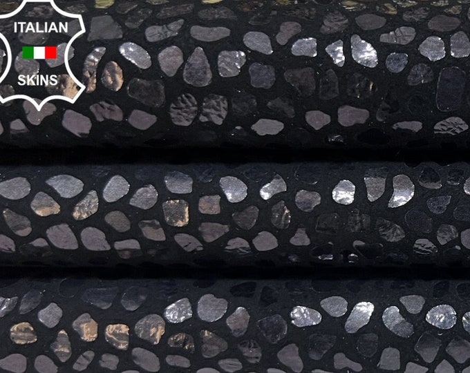 GUNMETAL STONES TEXTURED Shapes Print On Black Italian Goatskin Goat Leather hides hide skin skins 3+sqf 0.8mm #B6010