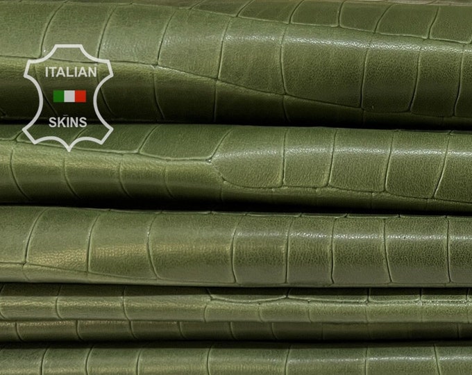 OLIVE GREEN CROCODILE Textured Embossed Print on vegetable tan Antiqued Italian Lambskin leather hides 7+sqf 0.9mm #B7925B