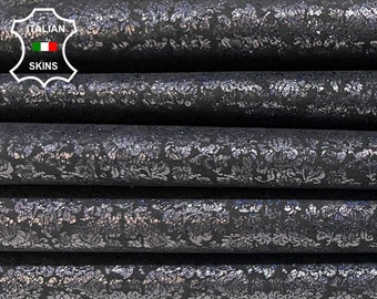 MIDNIGHT SHIMMER FLOWERS Print On Black Crackled Soft Goat Leather pack 2 skins total 5sqf 0.9mm #B9179