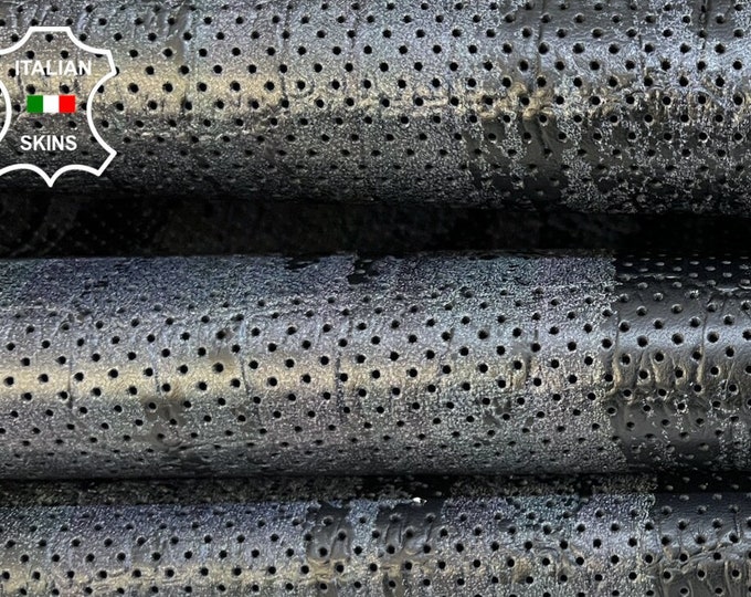 PETROL DISTRESSED On BLACK Crocodile Textured Print On Pinholes Perforated Thick Italian Lambskin Lamb Sheep leather hides 7+sqf 1.1mm B8799