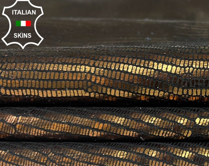 METALLIC BRONZE REPTILE Print On Black Soft Italian Calfskin Calf Cow Leather hide hides skin skins 7sqf 0.9mm #B4649