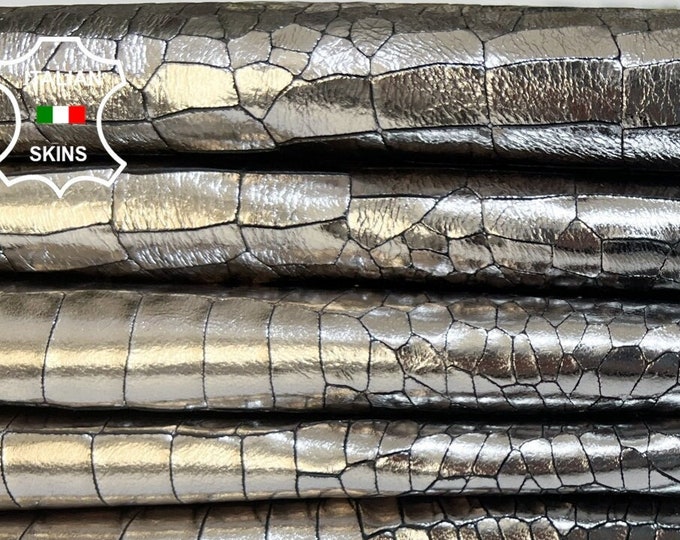 METALLIC STEEL SILVER Crocodile Textured Print On Thick Italian Lambskin Lamb Sheep Leather pack 2 hides skins total 14sqf 1.3mm #B5415