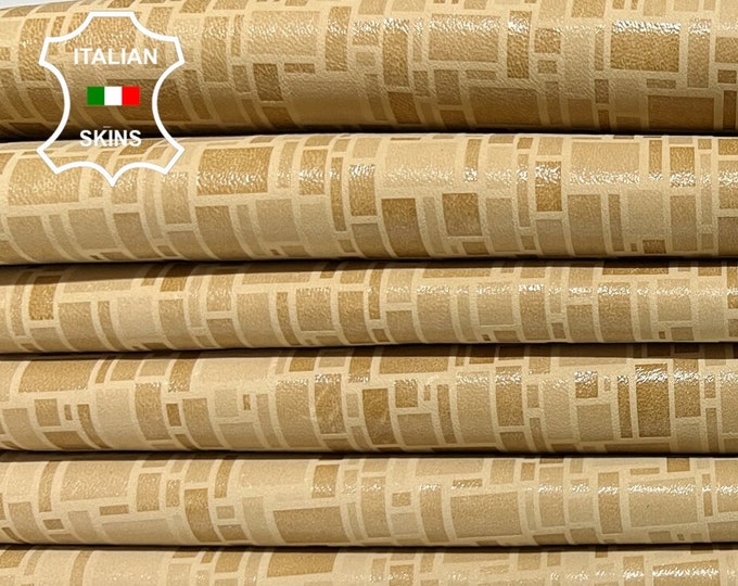 LIGHT SAND TAN Rectangles Shapes Print Vintage Look Soft Italian Calfskin Calf Cow Leather pack 2 hides skins total 12sqf 0.9mm #B6565