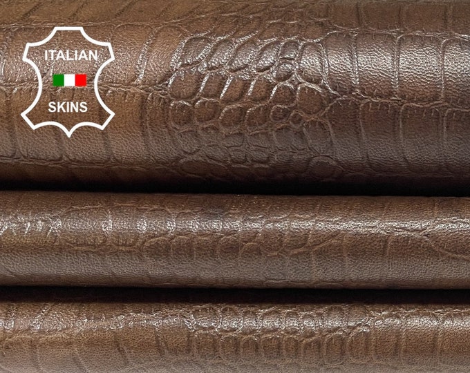 BROWN ANTIQUED Crocodile Print Embossed Textured Rustic Look Vegetable Tan On Italian Lambskin Lamb Sheep Leather hides 10sqf 1.0mm #B753