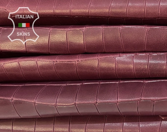 WINE PLUM CROCODILE Embossed Print on vegetable tan Rustic Look Italian Lambskin Lamb sheep leather pack 2 skins total 17sqf 0.9mm #B7915