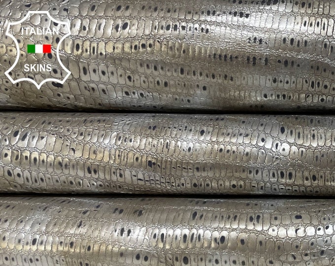 METALLIC SILVER & PLATINUM Distressed Embossed Tejus Reptile Textured Print On Italian Calfskin Calf Cow Leather hides 5-6sqf 1.1mm #B2288