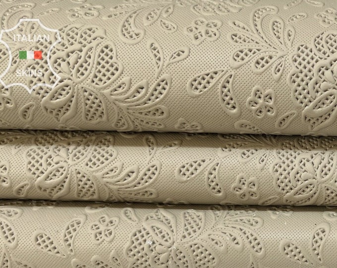 BEIGE FLOWERS LEAVES Textured Embossed Print On Italian Lambskin Lamb Sheep Leather hide hides skin skins 8sqf 0.9mm #B7594