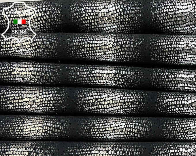 METALLIC SILVER Lizard Reptile Print On BLACK Pinholes Perforated Soft Italian Goatskin Leather pack 2 hides skins total 9+sqf 0.8mm #B8440