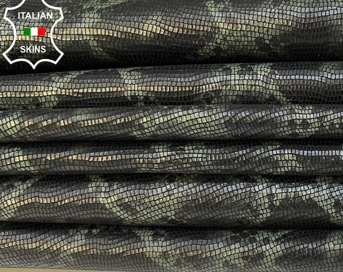 OLIVE GREEN & BLACK Python Snake Print On Soft Italian Goatskin Goat Leather pack 3 hides skins total 9sqf 0.9mm #B9146