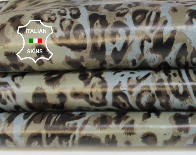 LEOPARD KHAKI & BLUE print textured on blue Italian Lambskin Lamb Sheep leather skin hide skins hides 9sqf 0.7mm #A6857