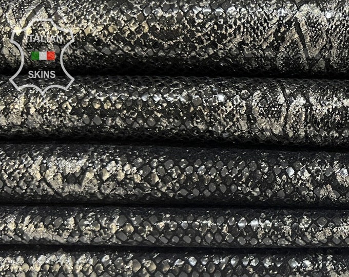 GUNMETAL STEEL METALLIC Shiny Snake Textured Print On Black Thick Soft Italian Goatskin Goat Leather pack 2 hides total 9+sqf 1.2mm #B7687