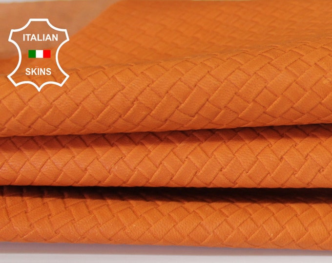 WOVEN PUMPKIN ORANGE Naked Natural textured embossed vegetable tan Italian Goatskin Goat Leather skin skins hide hides 5-6sqf 0.8mm #A6642