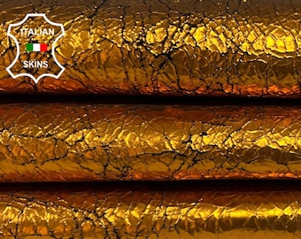 METALLIC ORANGE CRACKLED cracked Vintage Look Thin Italian Goatskin Goat Leather hide hides skin skins 5-6sqf 0.6mm #B5296