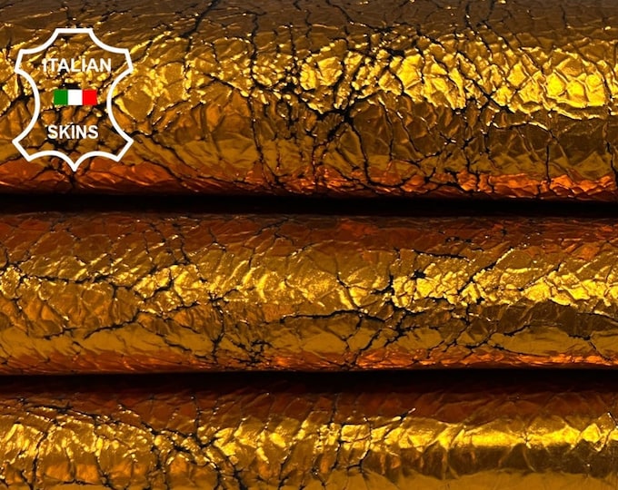 METALLIC ORANGE CRACKLED cracked Vintage Look Thin Italian Goatskin Goat Leather hide hides skin skins 5-6sqf 0.6mm #B5296