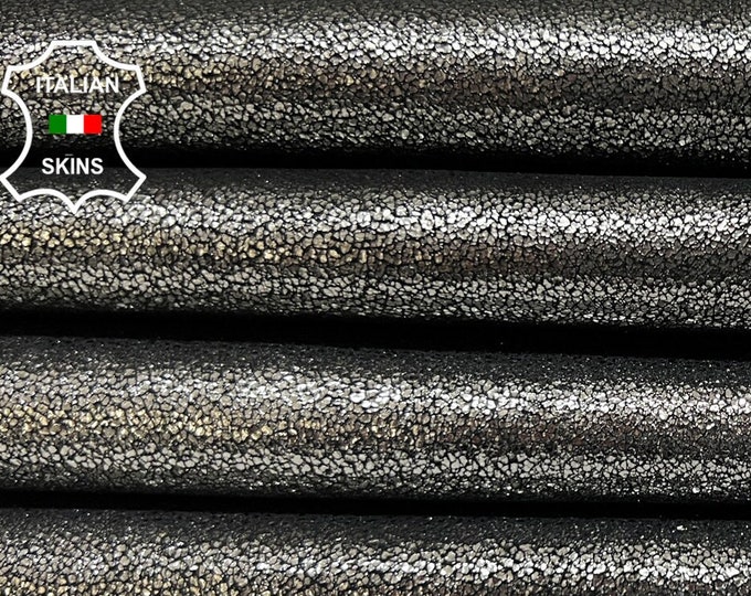 METALLIC SMOKED STEEL Cracked Shimmer On Black Soft Italian Goatskin Goat Leather pack 2 hides skins total 6+sqf 0.8mm #B6075