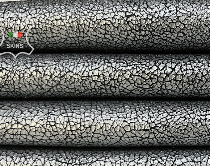 METALLIC STEEL Cracked Soft Italian Goatskin Goat Leather pack 2 hides skins total 9+sqf 0.8mm #B7701