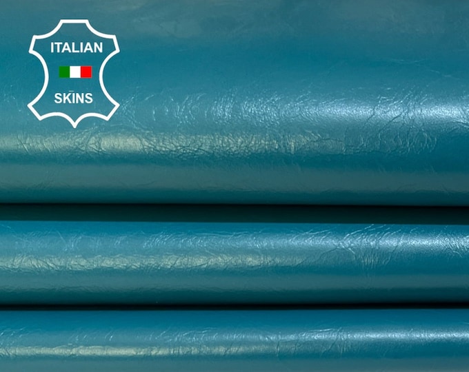 TEAL BLUE CRINKLED Shiny Coated Thin Soft Italian Lambskin Lamb Sheep Leather hide hides skin skins 6+sqf 0.6mm #B4790