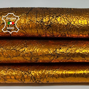 METALLIC ORANGE CRACKLED cracked Vintage Look Thin Italian Goatskin Goat Leather hide hides skin skins 5-6sqf 0.6mm #B5296