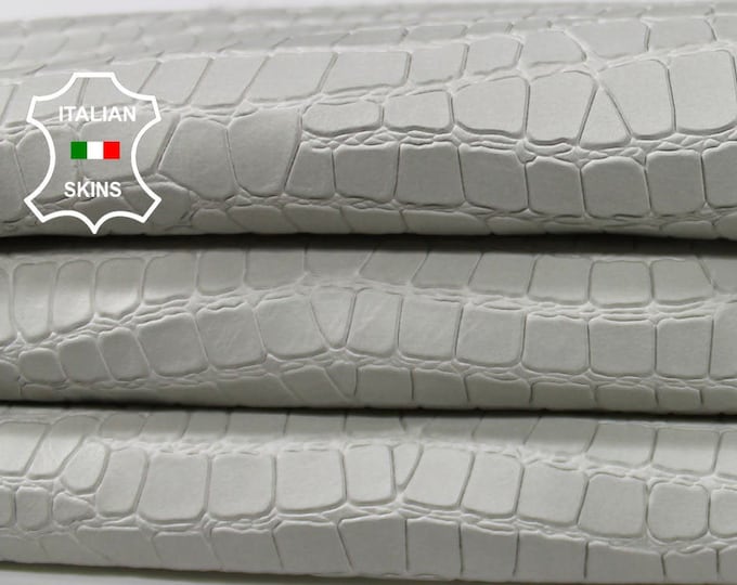 LIGHT GREY ice white naked Crocodile embossed textured on vegetable tan natural Lambskin Lamb Sheep leather skins 6-9sqf 0.8mm #A7099