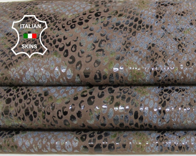 PYTHON greyish blue & taupe brown snake print textured on Italian Goatskin Goat leather hide hides skin skins 5-8sqf 0.7mm #A6882