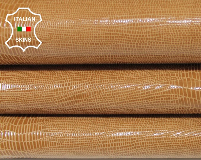 TAN TEJUS REPTILE texture print textured on shiny sand Italian Goatskin Goat leather 2 skins hides total 5+sqf 0.7mm #A6920