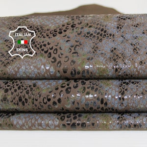 PYTHON greyish blue & taupe brown snake print textured on Italian Goatskin Goat leather hide hides skin skins 5-8sqf 0.7mm #A6882
