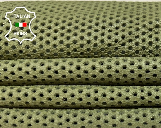 OLIVE GREEN PERFORATED Textured Vegetable Tan Thick Soft Italian Lambskin Lamb Sheep Leather hide hides skin skins 8+sqf 1.3mm #B4668