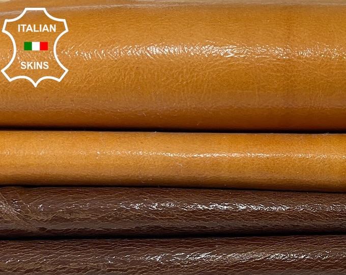 BROWN 2 SHADES SHINY Soft Italian Lambskin Lamb Sheep Leather hides pack 2 skins total 5sqf 0.5mm #B1911