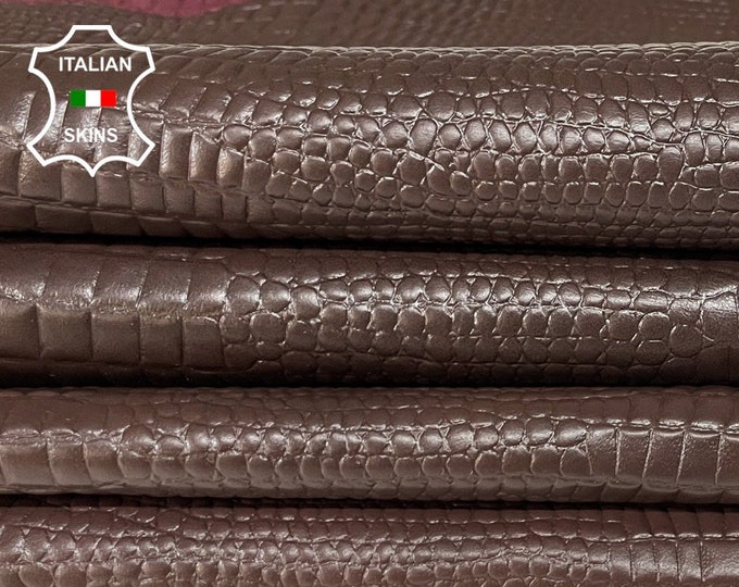 MAHOGANY BROWN crocodile embossed textured on thin Italian Lambskin Lamb Sheep leather hide pack 2 skins total 12sqf 0.5mm #A8784