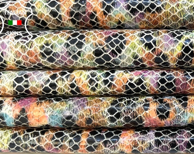 MULTICOLOR LEOPARD And SNAKE Textured print on Ivory Soft Italian Goatskin Goat leather pack 3 hides skins total 15sqf 0.8mm #B5475