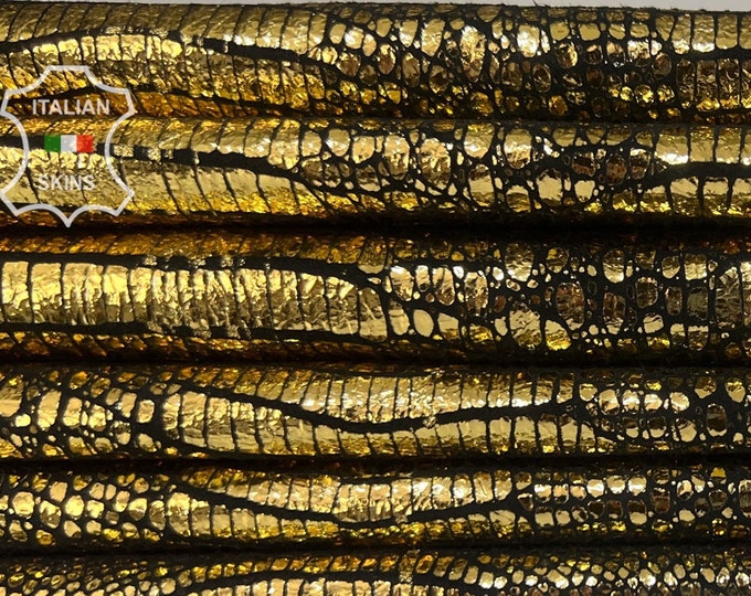 METALLIC BRASS Old GOLD Tejus Reptile Print On Soft Italian Goatskin Goat Leather pack 2 hides skins total 9+sqf 1.0mm #B7861