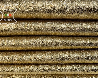 Delivered Duty Paid-METALLIC GOLD CRINKLED Crispy Rough Thick Soft Italian Goat Leather pack 2 skins total 12sqf 1.2mm #B7191