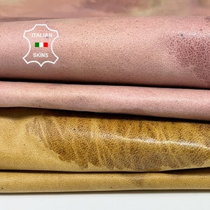 PACK CAMEL & PINK textured distressed vintage look soft Italian lambskin lamb sheep leather pack 2 skins total 16sqf 0.6mm #A8381