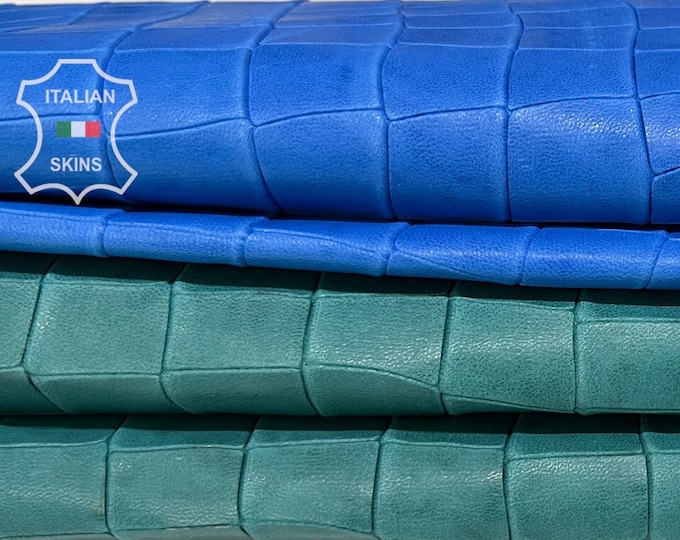 BLUE & GREEN Crocodile Textured Embossed Print On Vegetable Tan Thick Italian Goatskin Goat Leather pack 2 hides total 7sqf 1.2mm #B7089