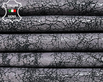 GRAY CRACKED On BLACK Crackled Vintage Look Thick Italian Goatskin Goat leather pack 2 hides total 10sqf 1.1mm #B5955