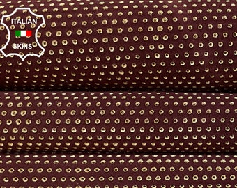 GOLD POLKA DOTS Print On Brown Nubuck Thick Soft Italian Calfskin Calf Cow Leather hide hides skin skins 9+sqf 1.4mm #B3069