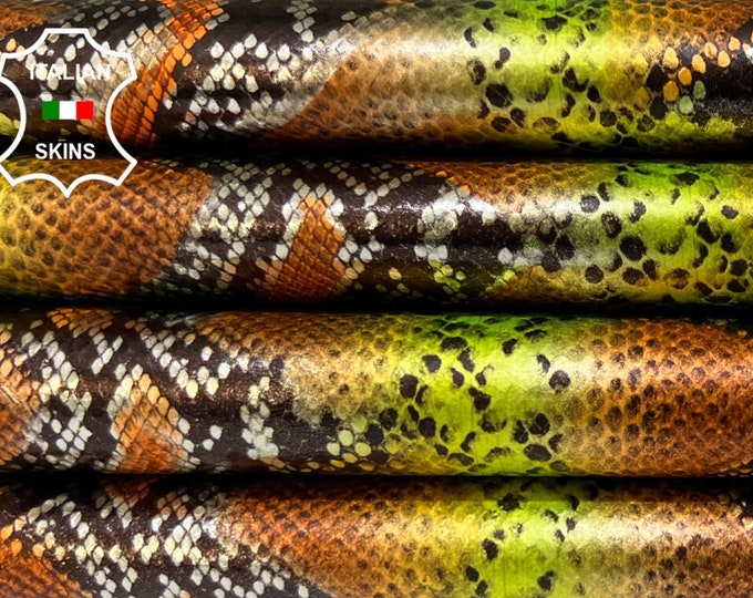 LIME,ORANGE,BLACK,Silver Python Snake Print On Grey Strong Italian Goatskin Goat Leather pack 2 hides skins total 12sqf 0.7mm #B6629