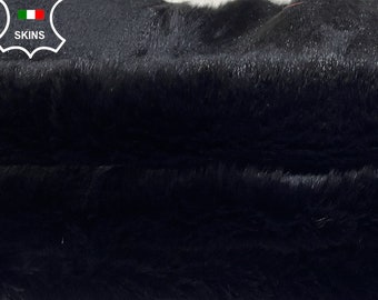 BLACK RABBIT SKIN Shearling Fur Rug Pelt hairy 1 side usable Soft Italian leather hides hide skin skins 23"x45"  #B2407