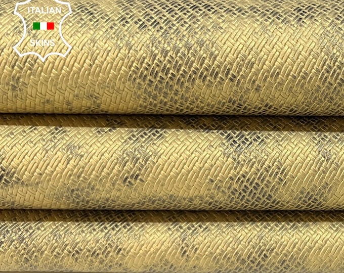 PEARLIZED GOLD DISTRESSED Woven Textured Print On Italian Lambskin Lamb Sheep Leather hide hides skin skins 6+sqf 0.7mm #B8845
