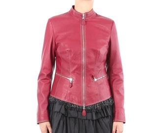 Italian handmade Women soft genuine lambskin leather jacket color Red Wine