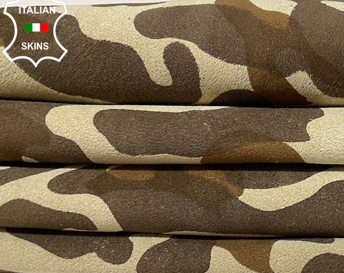 BROWN CAMO PRINT On Beige Camouflage Army  Thin Soft Italian Lambskin Lamb Sheep Leather hide hides skin skins 6sqf 0.6mm #B2978