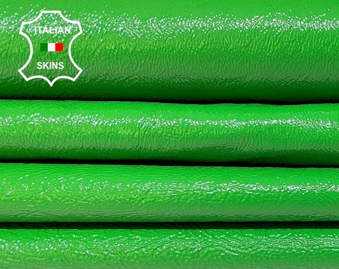 PATENT APPLE GREEN Shiny Crinkled Crispy Thick Italian Lambskin Lamb Sheep Leather hides pack 2 skins total 12sqf 1.1mm #B1832