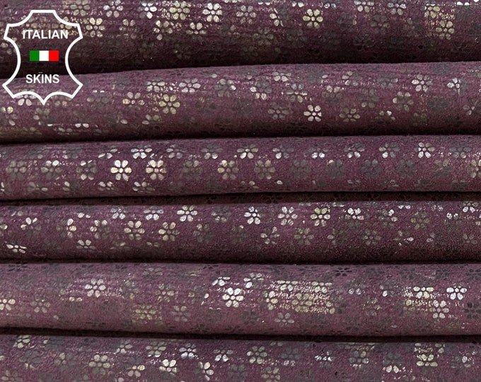 KHAKI FLOWERS PRINT On Purple Plum Suede Soft Italian Goatskin Goat Leather pack 2 hides skins total 8sqf 0.9mm #B9149