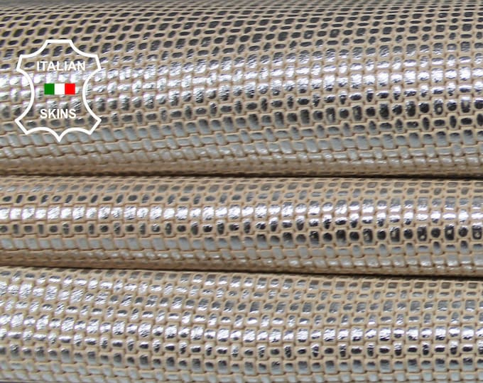 WOVEN Metallic Silver distressed on Beige Italian Lambskin Lamb Sheep leather 7 skins hides total 45sqf 0.8mm #A7089