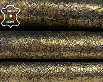 METALLIC BRASS OLD Gold Crackled cracked Antiqued Vintage Look Italian Goatskin Goat Leather hide hides skin skins 5sqf 0.9mm #B5297